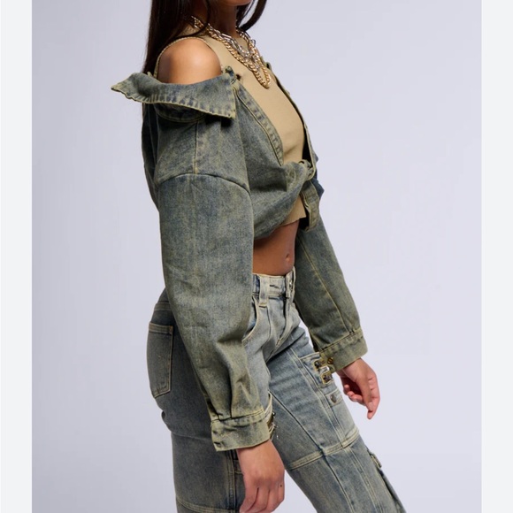 NWT la ros vintage green crop top with faux jacket off the sleeves size F which - Picture 2 of 7